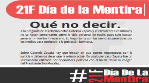 Gobierno instruye a funcionarios qué no decir sobre Evo Morales y Gabriela Zapata el 21F  
